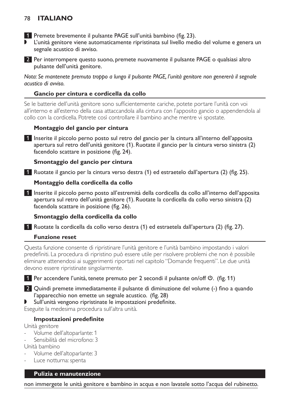 Gancio per cintura e cordicella da collo, Montaggio del gancio per cintura, Smontaggio del gancio per cintura | Montaggio della cordicella da collo, Smontaggio della cordicella da collo, Funzione reset, Impostazioni predefinite, Pulizia e manutenzione | Philips Avent DECT baby monitor SCD498 User Manual | Page 78 / 132