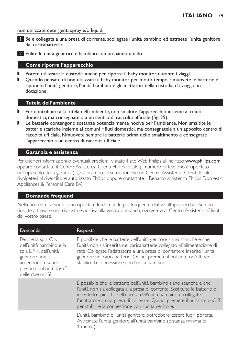 Come riporre l’apparecchio, Tutela dell’ambiente, Garanzia e assistenza | Domande frequenti | Philips Avent DECT baby monitor SCD498 User Manual | Page 79 / 132