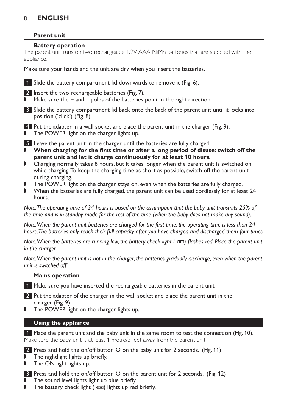 Parent unit, Battery operation, Mains operation | Using the appliance | Philips Avent DECT baby monitor SCD498 User Manual | Page 8 / 132