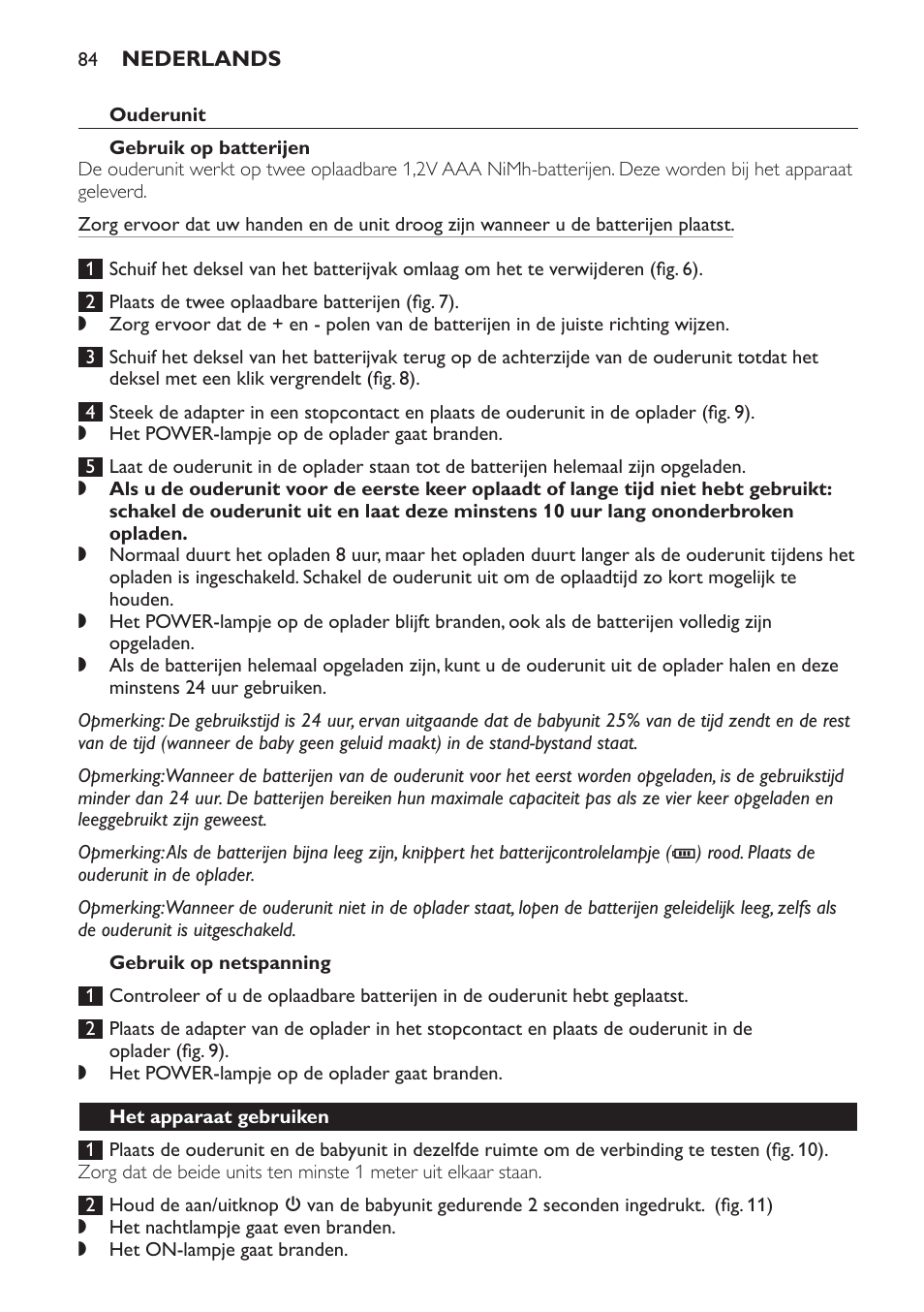 Ouderunit, Gebruik op batterijen, Gebruik op netspanning | Het apparaat gebruiken | Philips Avent DECT baby monitor SCD498 User Manual | Page 84 / 132