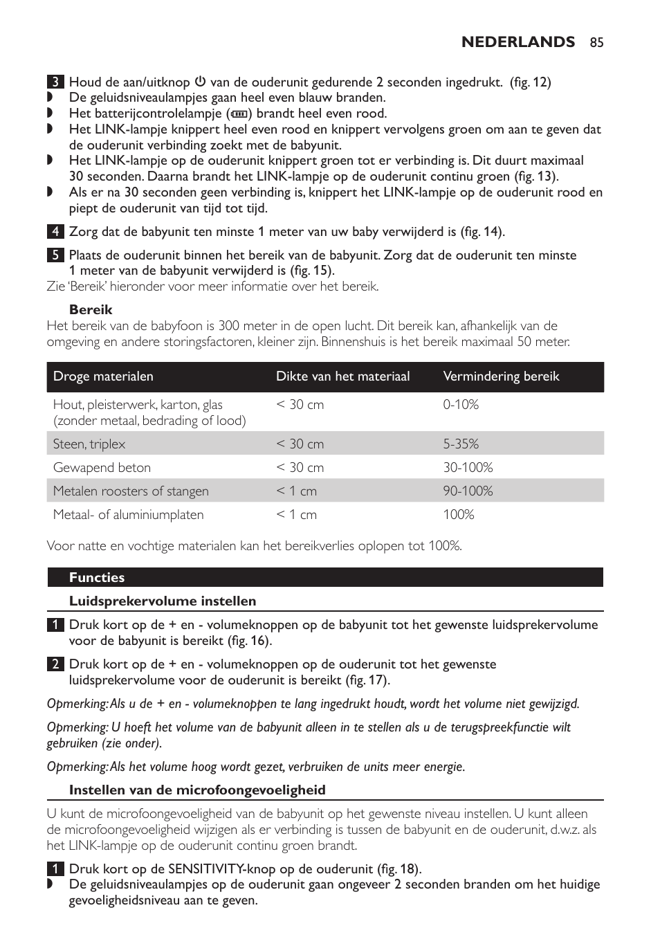 Bereik, Functies, Luidsprekervolume instellen | Instellen van de microfoongevoeligheid | Philips Avent DECT baby monitor SCD498 User Manual | Page 85 / 132