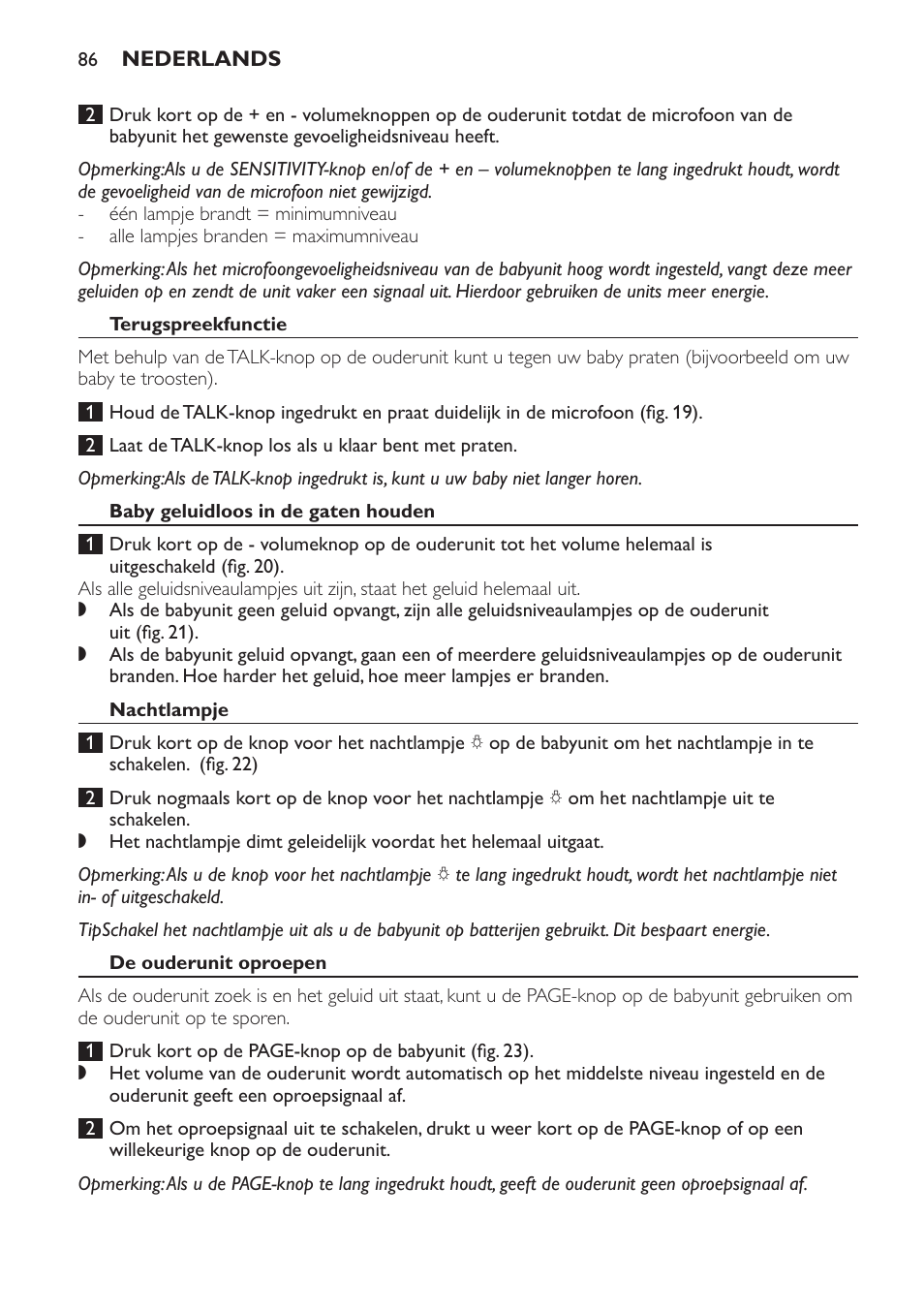 Terugspreekfunctie, Baby geluidloos in de gaten houden, Nachtlampje | De ouderunit oproepen | Philips Avent DECT baby monitor SCD498 User Manual | Page 86 / 132