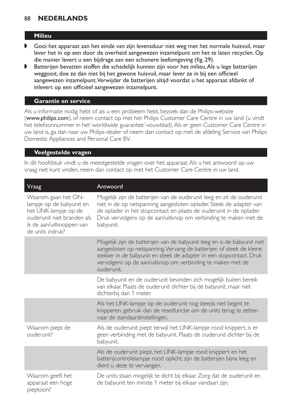 Milieu, Garantie en service, Veelgestelde vragen | Philips Avent DECT baby monitor SCD498 User Manual | Page 88 / 132