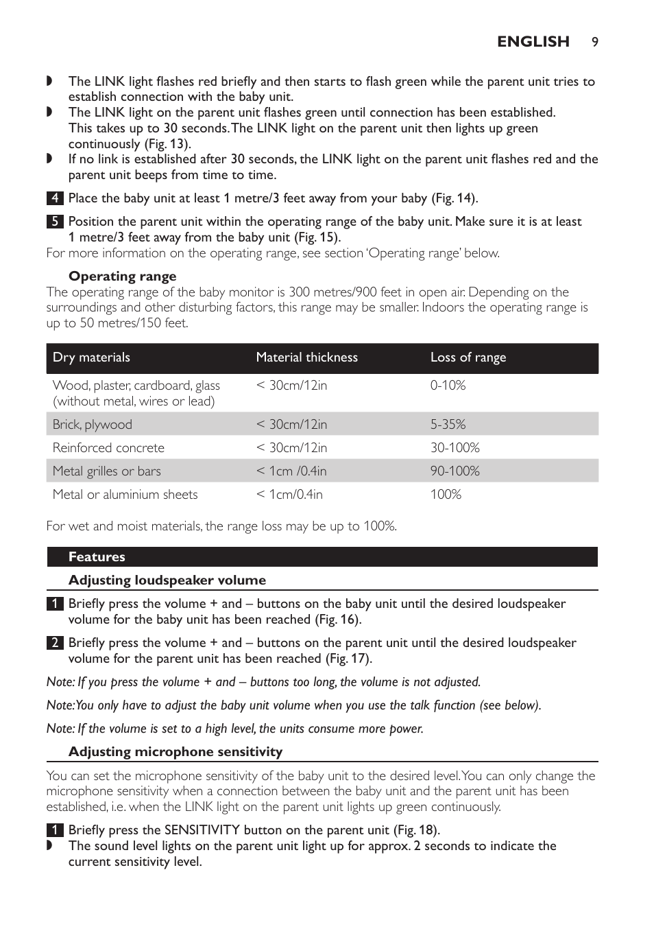 Operating range, Features, Adjusting loudspeaker volume | Adjusting microphone sensitivity | Philips Avent DECT baby monitor SCD498 User Manual | Page 9 / 132
