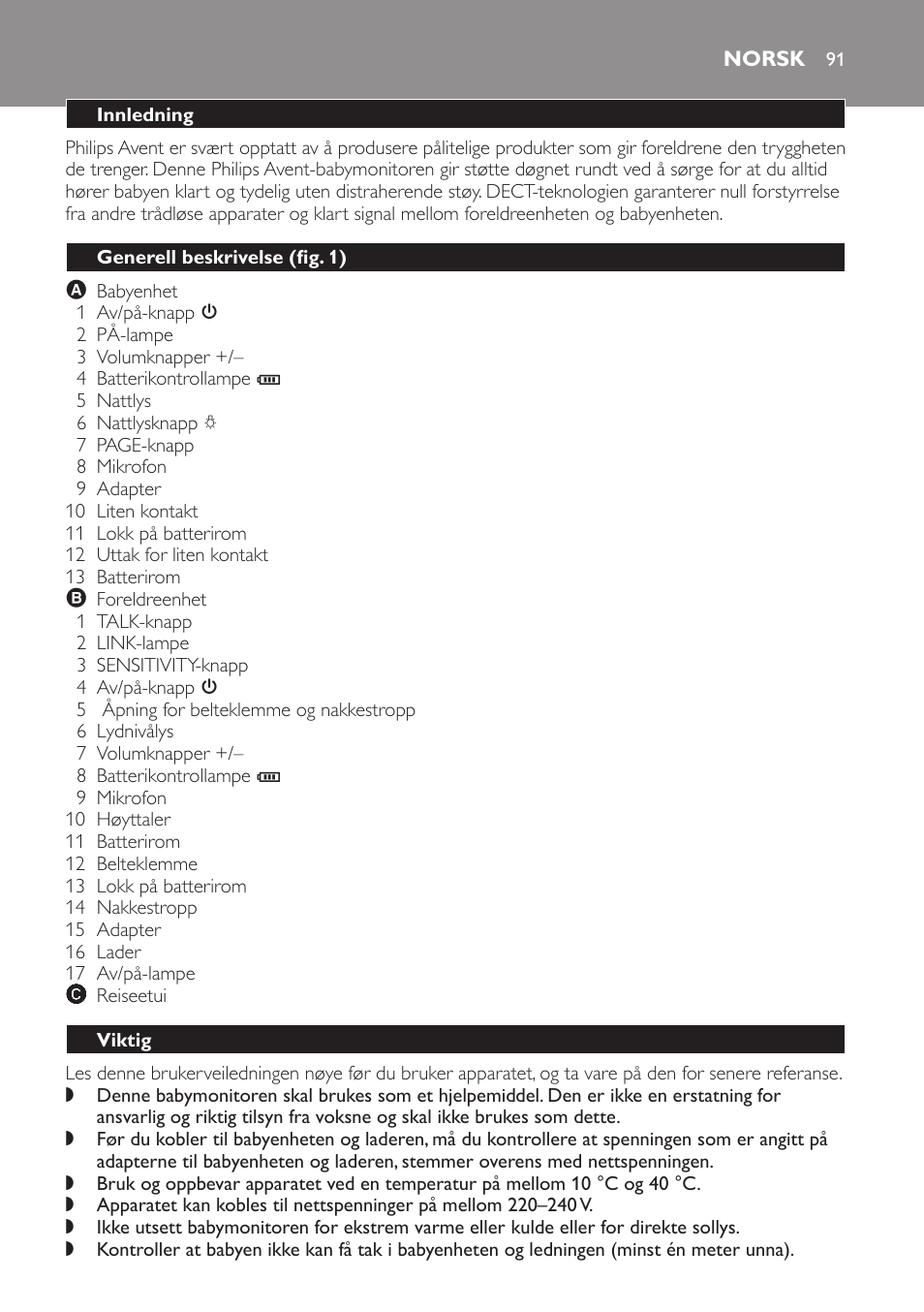 Norsk, Innledning, Generell beskrivelse (fig. 1) | Viktig | Philips Avent DECT baby monitor SCD498 User Manual | Page 91 / 132