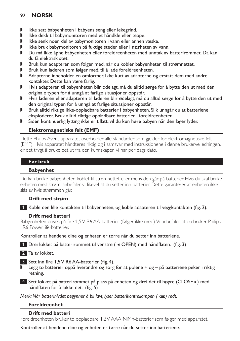 Elektromagnetiske felt (emf), Før bruk, Babyenhet | Drift med strøm, Drift med batteri, Foreldreenhet | Philips Avent DECT baby monitor SCD498 User Manual | Page 92 / 132