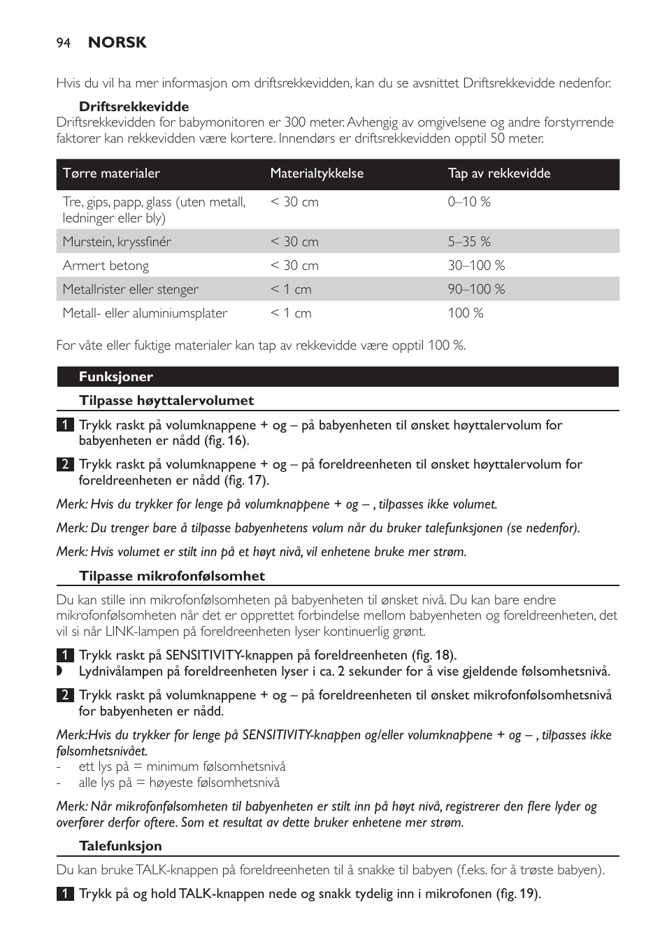 Driftsrekkevidde, Funksjoner, Tilpasse høyttalervolumet | Tilpasse mikrofonfølsomhet, Talefunksjon | Philips Avent DECT baby monitor SCD498 User Manual | Page 94 / 132