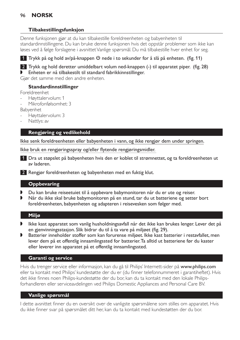 Tilbakestillingsfunksjon, Standardinnstillinger, Rengjøring og vedlikehold | Oppbevaring, Miljø, Garanti og service, Vanlige spørsmål | Philips Avent DECT baby monitor SCD498 User Manual | Page 96 / 132