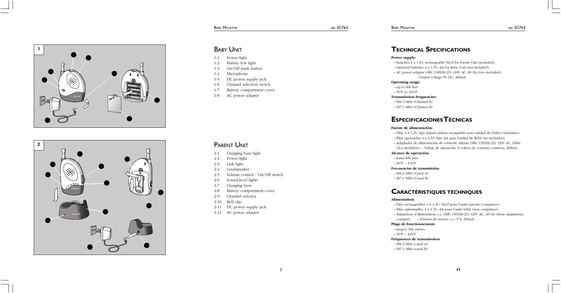 Arent, Echnical, Pecifications | Specificaciones, Écnicas, Aractéristiques, Techniques | Philips SC763 User Manual | Page 2 / 2