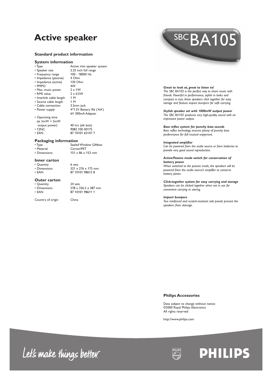 Ba105, Active speaker | Philips SBCBA105 User Manual | Page 2 / 2