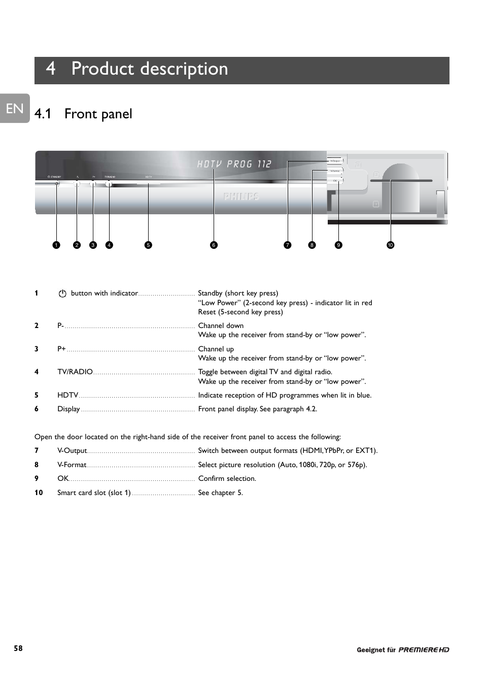 4 product description, 1 front panel | Philips DCR 9000 User Manual | Page 10 / 64