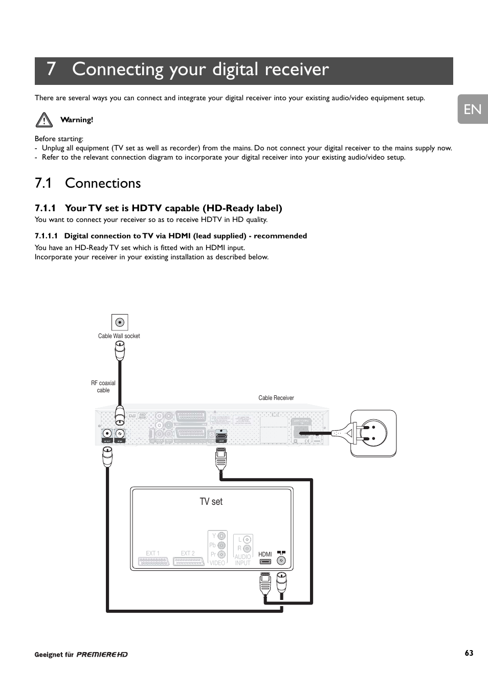 7 connecting your digital receiver, 1 connections, 1 your tv set is hdtv capable (hd-ready label) | Tv set | Philips DCR 9000 User Manual | Page 15 / 64