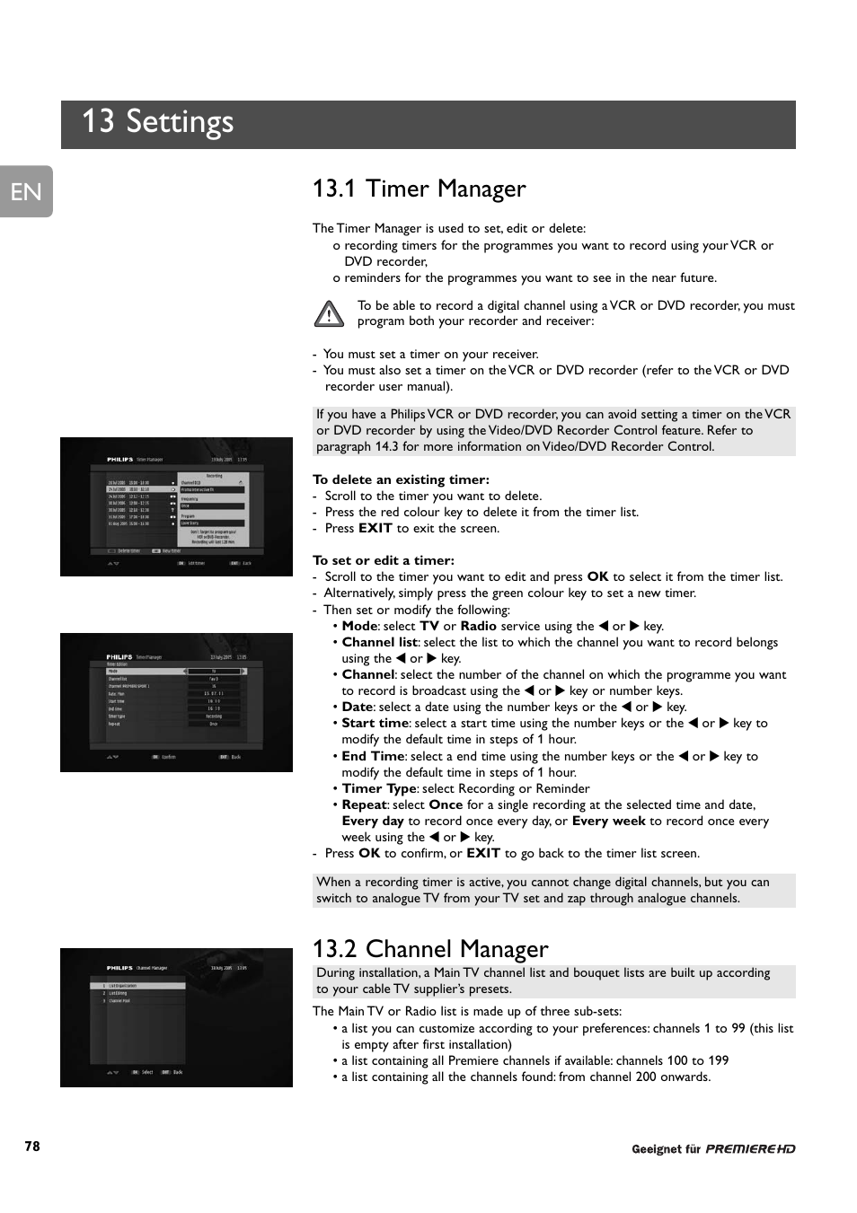 13 settings, En 13.1 timer manager, 2 channel manager | Philips DCR 9000 User Manual | Page 30 / 64