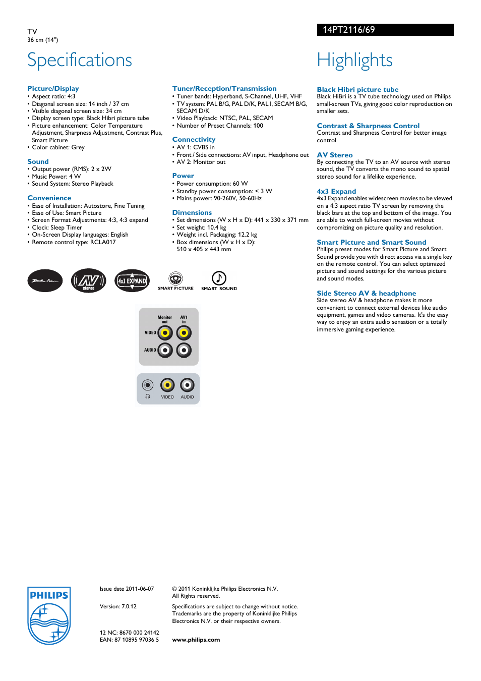 Specifications, Highlights | Philips 14PT2116 User Manual | Page 2 / 2