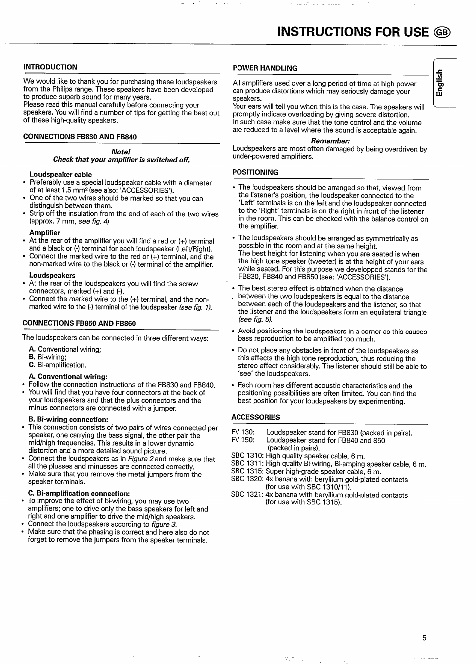 Introduction, Power handling, Connections fb830 and fb840 | Connections fb850 and fb860, Positioning, Accessories, Instructions for use (|d | Philips FB 840 User Manual | Page 5 / 9