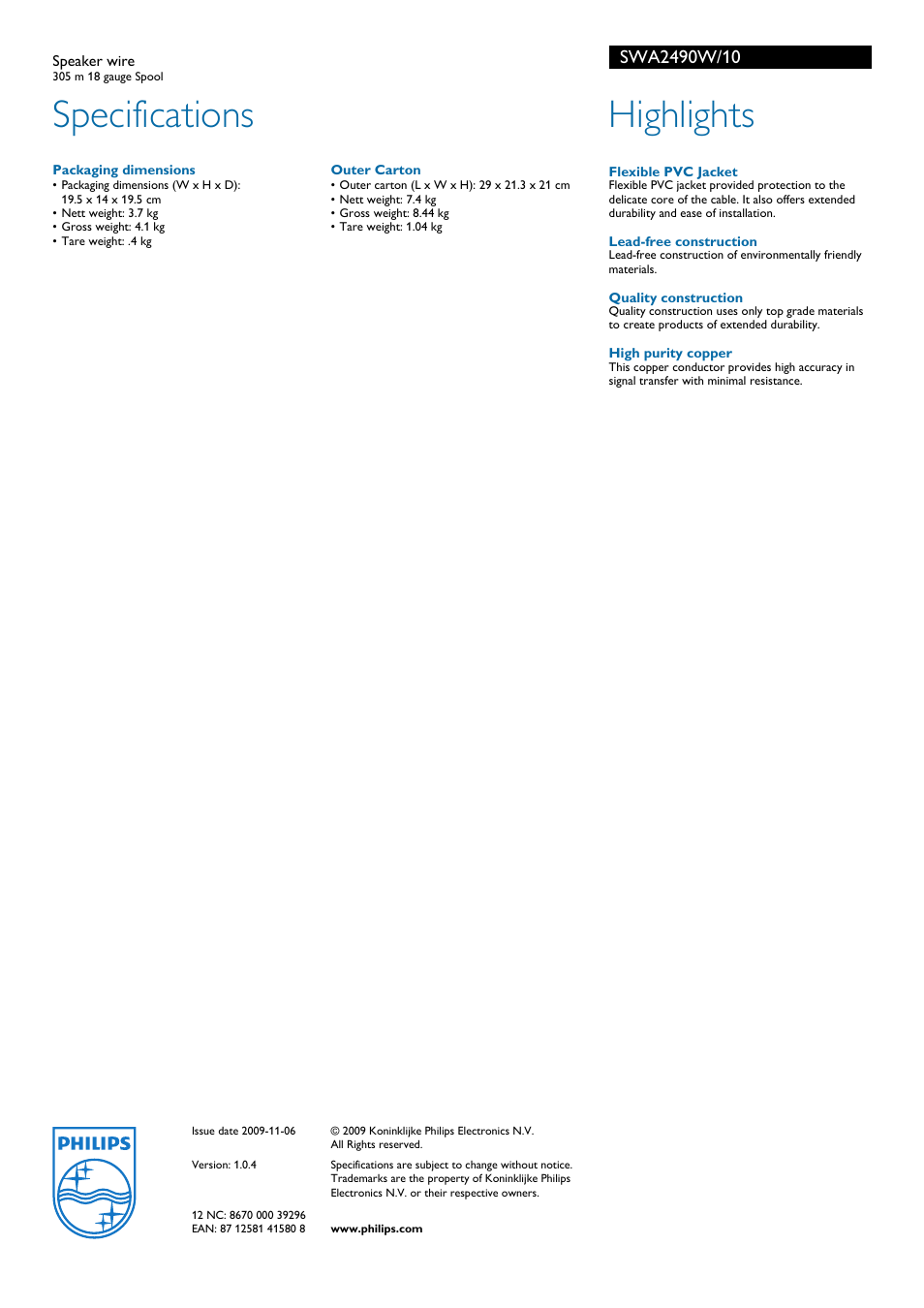 Specifications, Highlights | Philips SWA2490W User Manual | Page 2 / 2