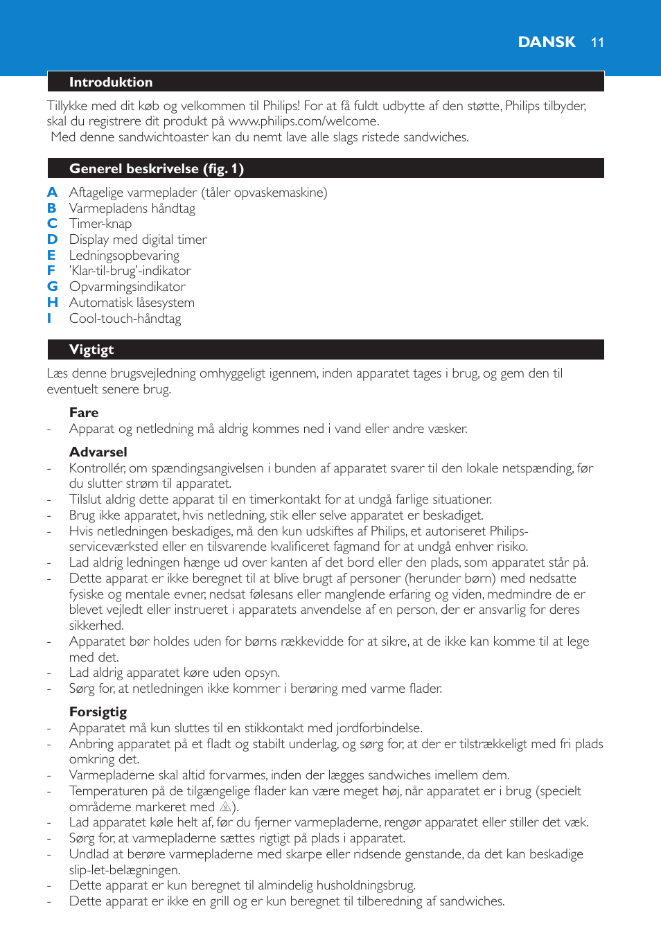Fare, Advarsel, Forsigtig | Dansk, Introduktion, Generel beskrivelse (fig. 1), Vigtigt | Philips sandwich maker HD2415 User Manual | Page 11 / 72