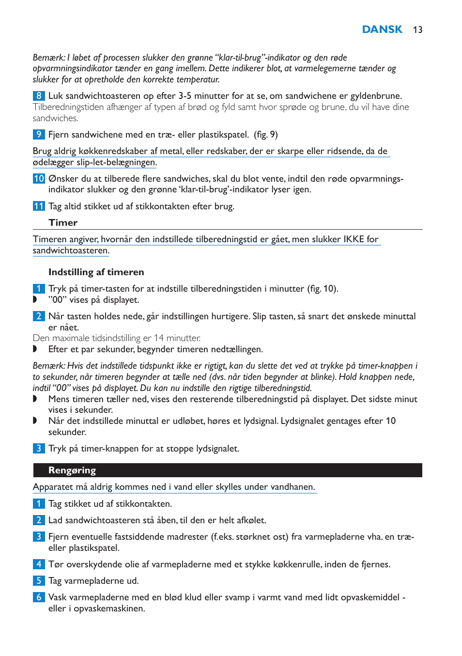 Timer, Indstilling af timeren, Rengøring | Philips sandwich maker HD2415 User Manual | Page 13 / 72