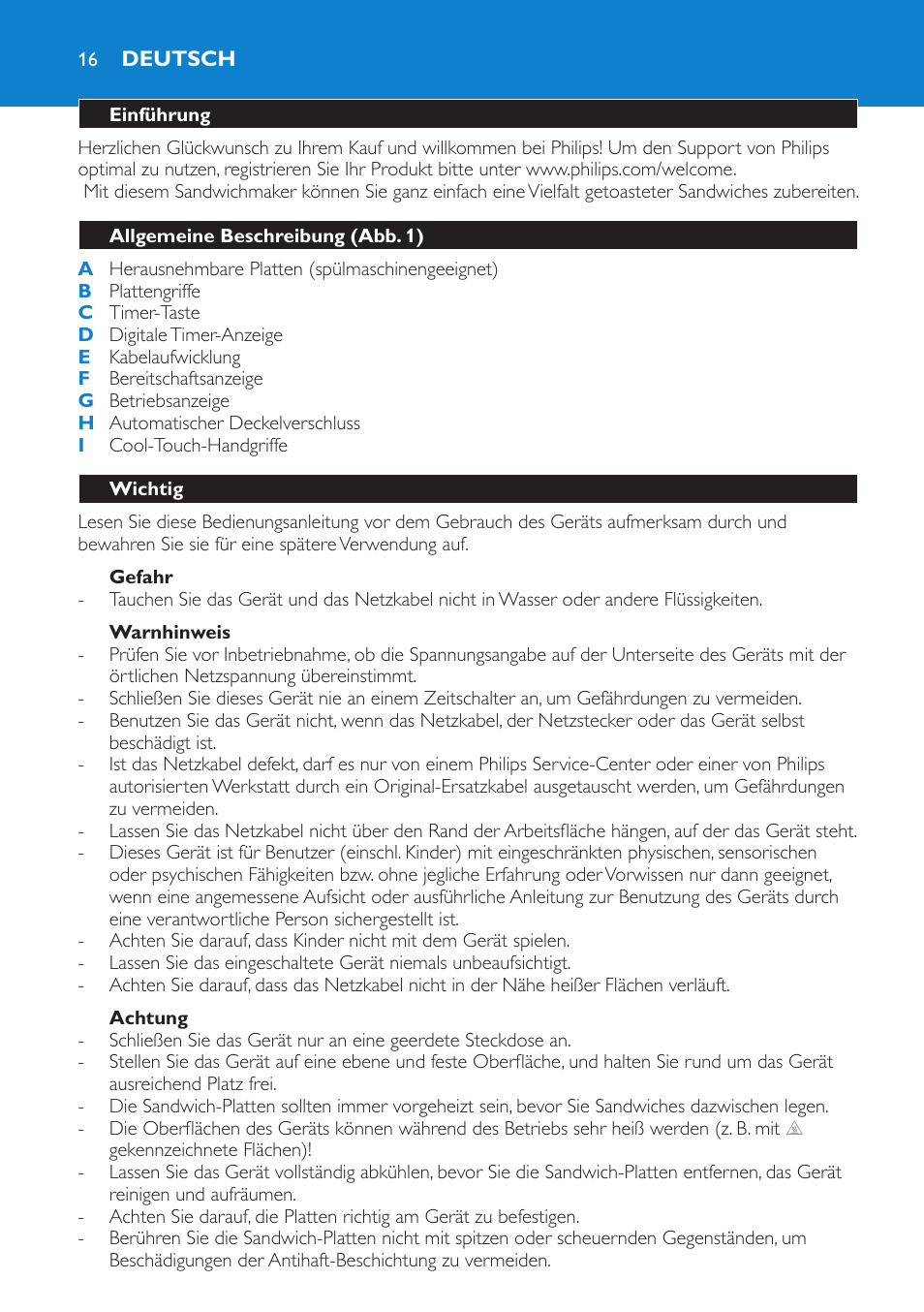 Gefahr, Warnhinweis, Achtung | Deutsch, Einführung, Allgemeine beschreibung (abb. 1), Wichtig | Philips sandwich maker HD2415 User Manual | Page 16 / 72