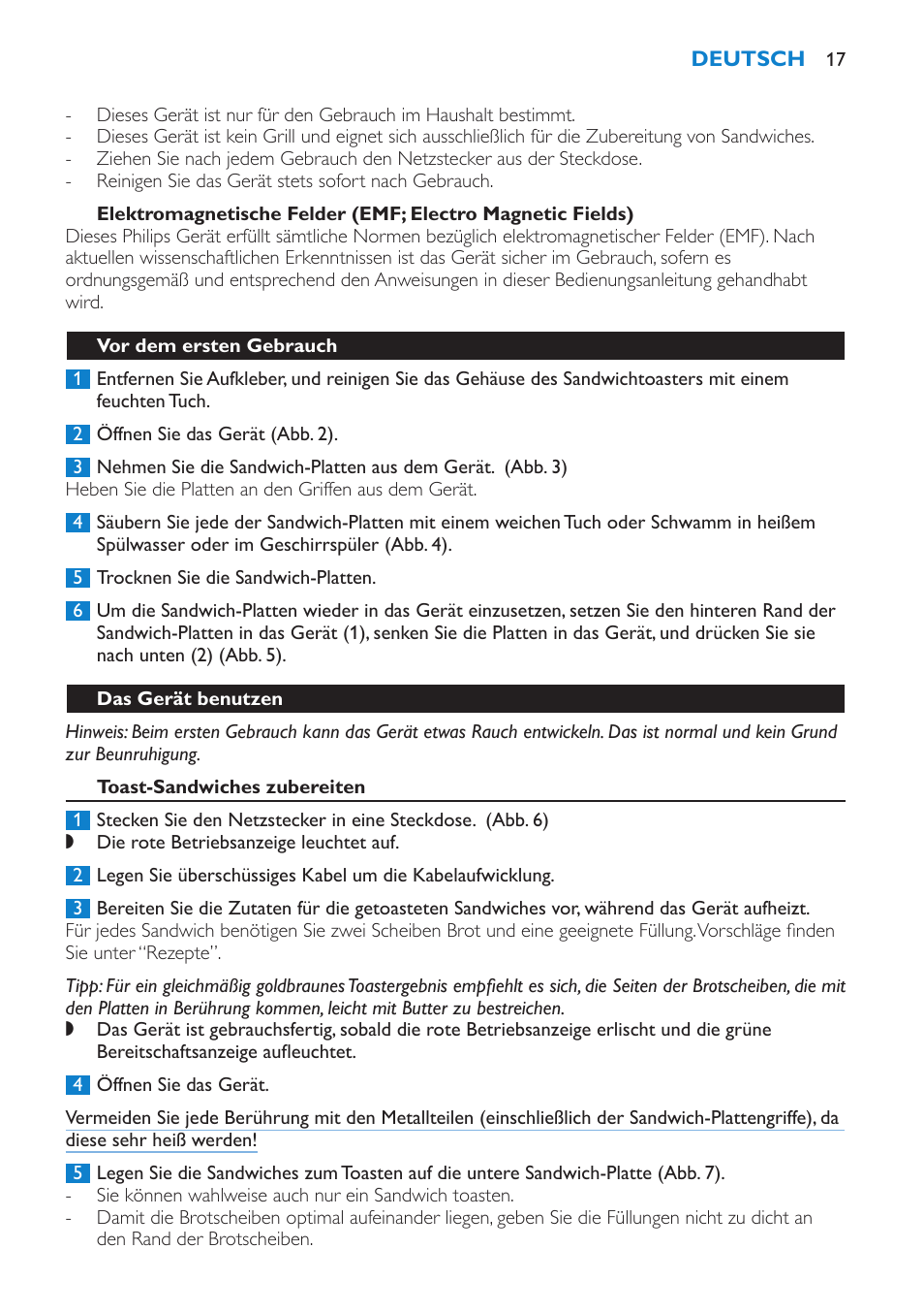 Vor dem ersten gebrauch, Das gerät benutzen, Toast-sandwiches zubereiten | Philips sandwich maker HD2415 User Manual | Page 17 / 72