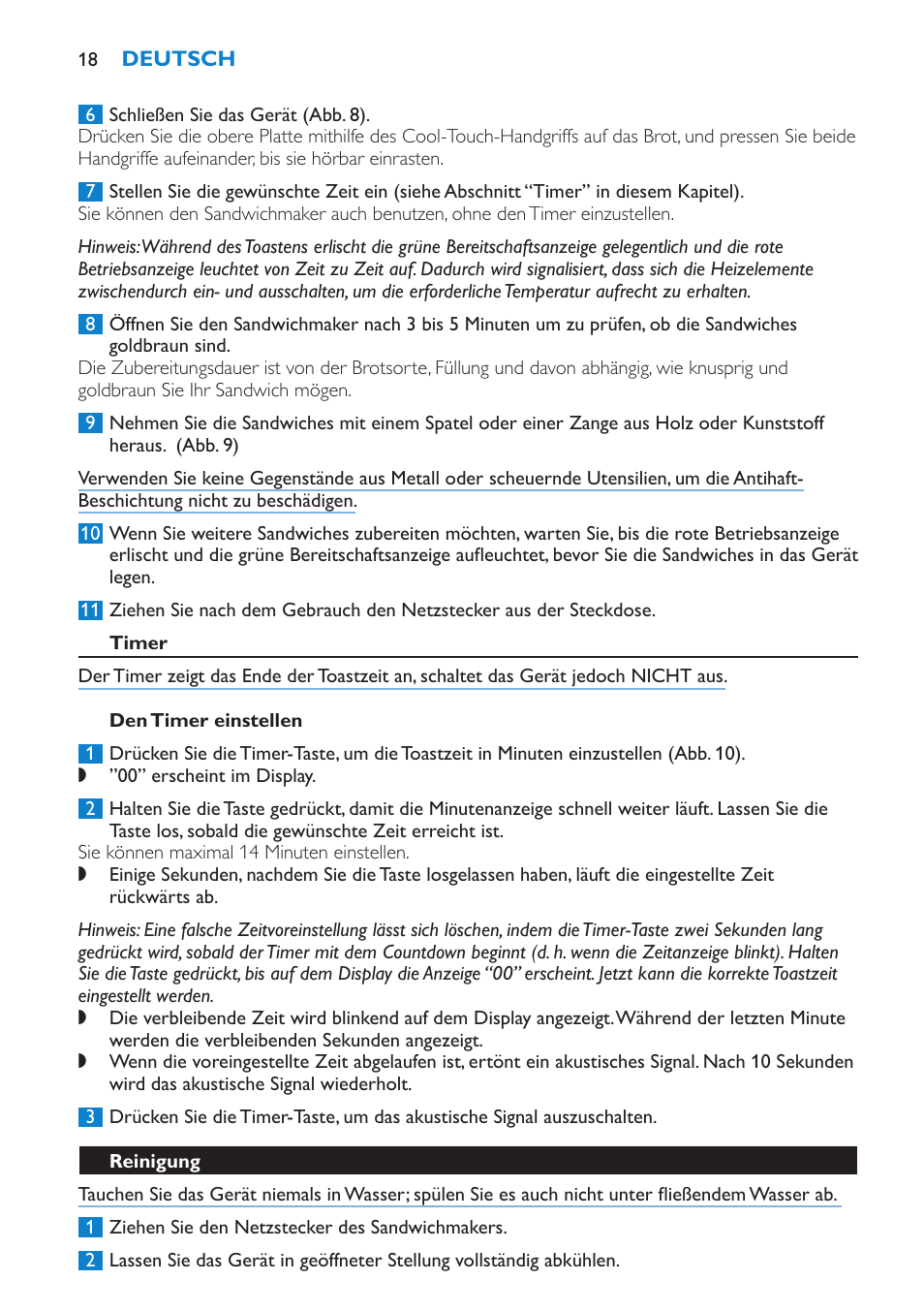 Timer, Den timer einstellen, Reinigung | Philips sandwich maker HD2415 User Manual | Page 18 / 72