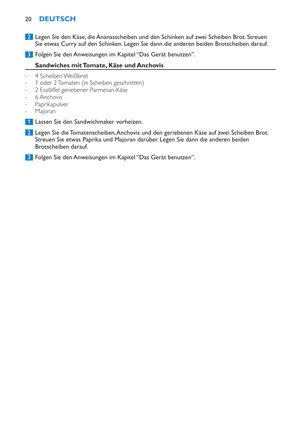 Sandwiches mit tomate, käse und anchovis | Philips sandwich maker HD2415 User Manual | Page 20 / 72