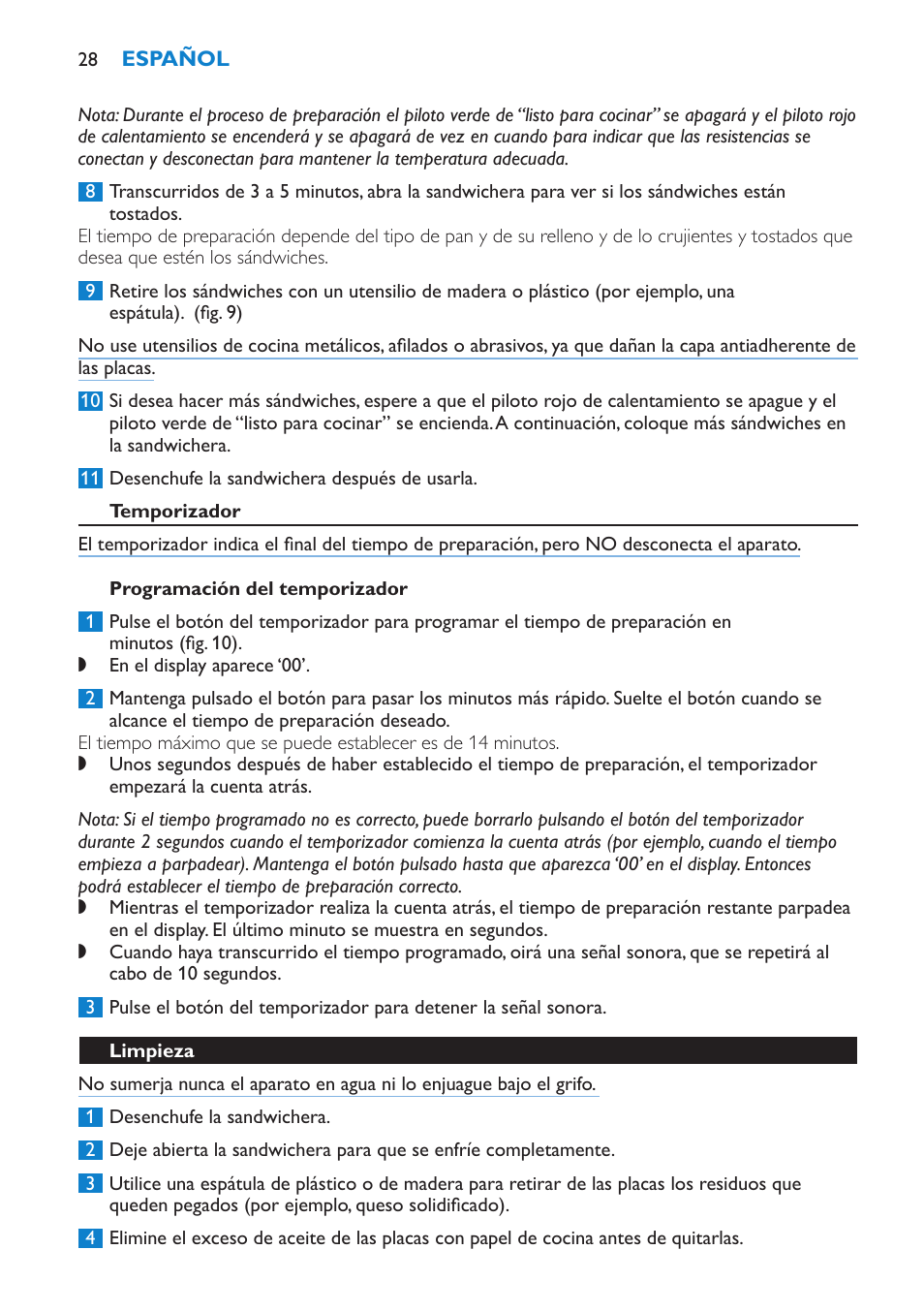 Temporizador, Programación del temporizador, Limpieza | Philips sandwich maker HD2415 User Manual | Page 28 / 72