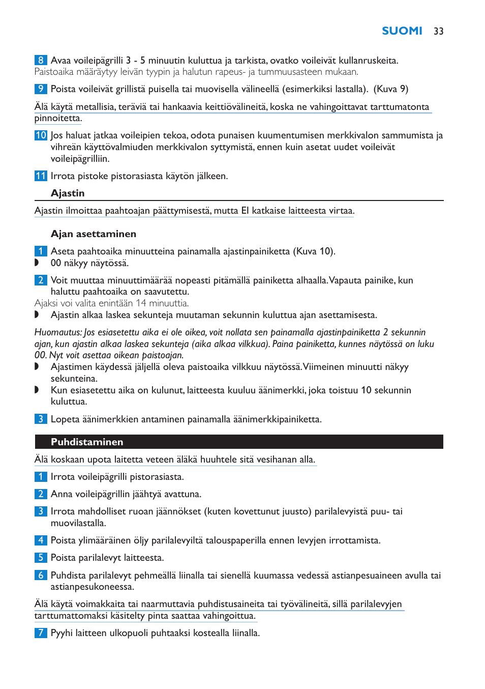 Ajastin, Ajan asettaminen, Puhdistaminen | Philips sandwich maker HD2415 User Manual | Page 33 / 72