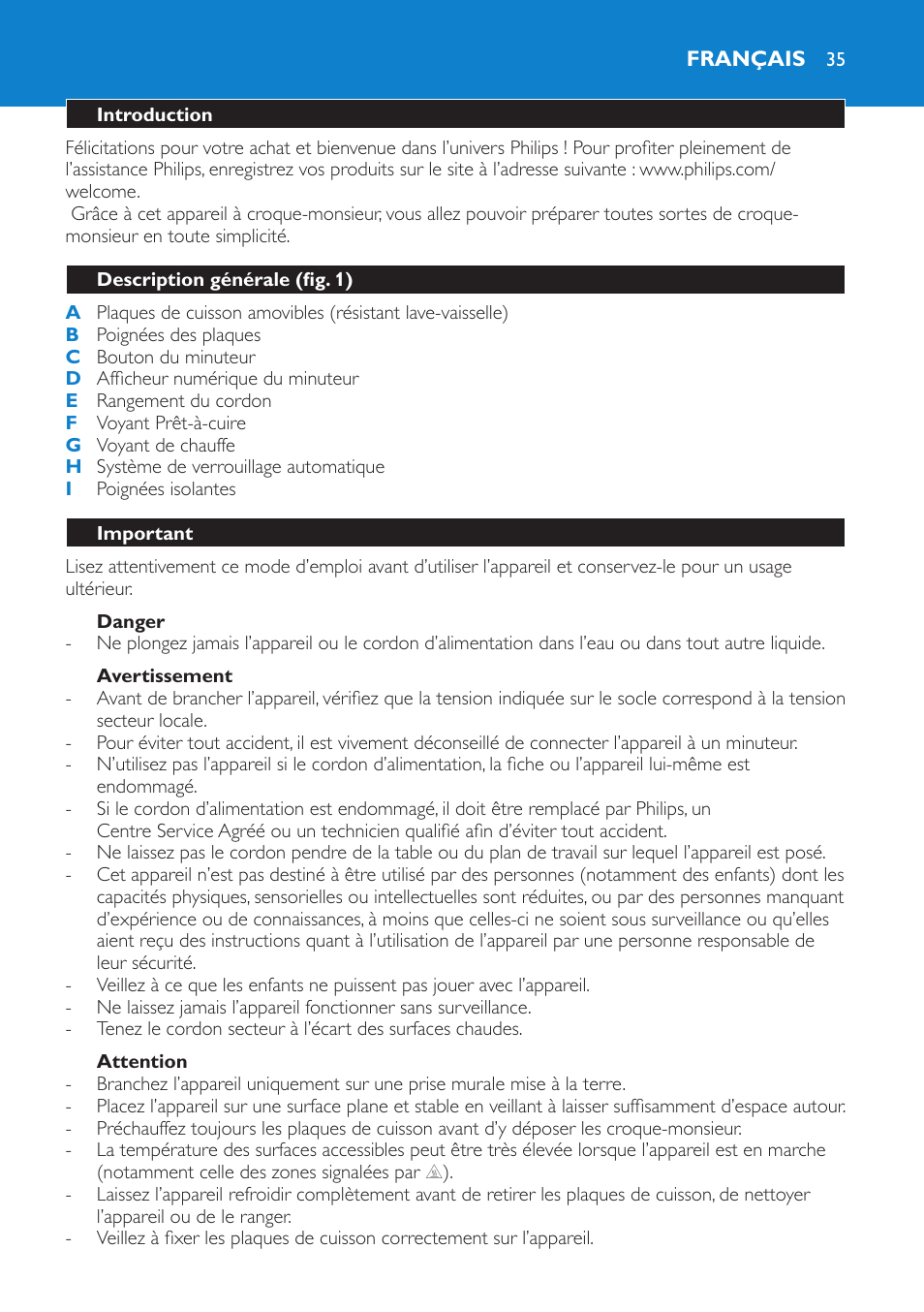 Danger, Avertissement, Attention | Français, Introduction, Description générale (fig. 1), Important | Philips sandwich maker HD2415 User Manual | Page 35 / 72