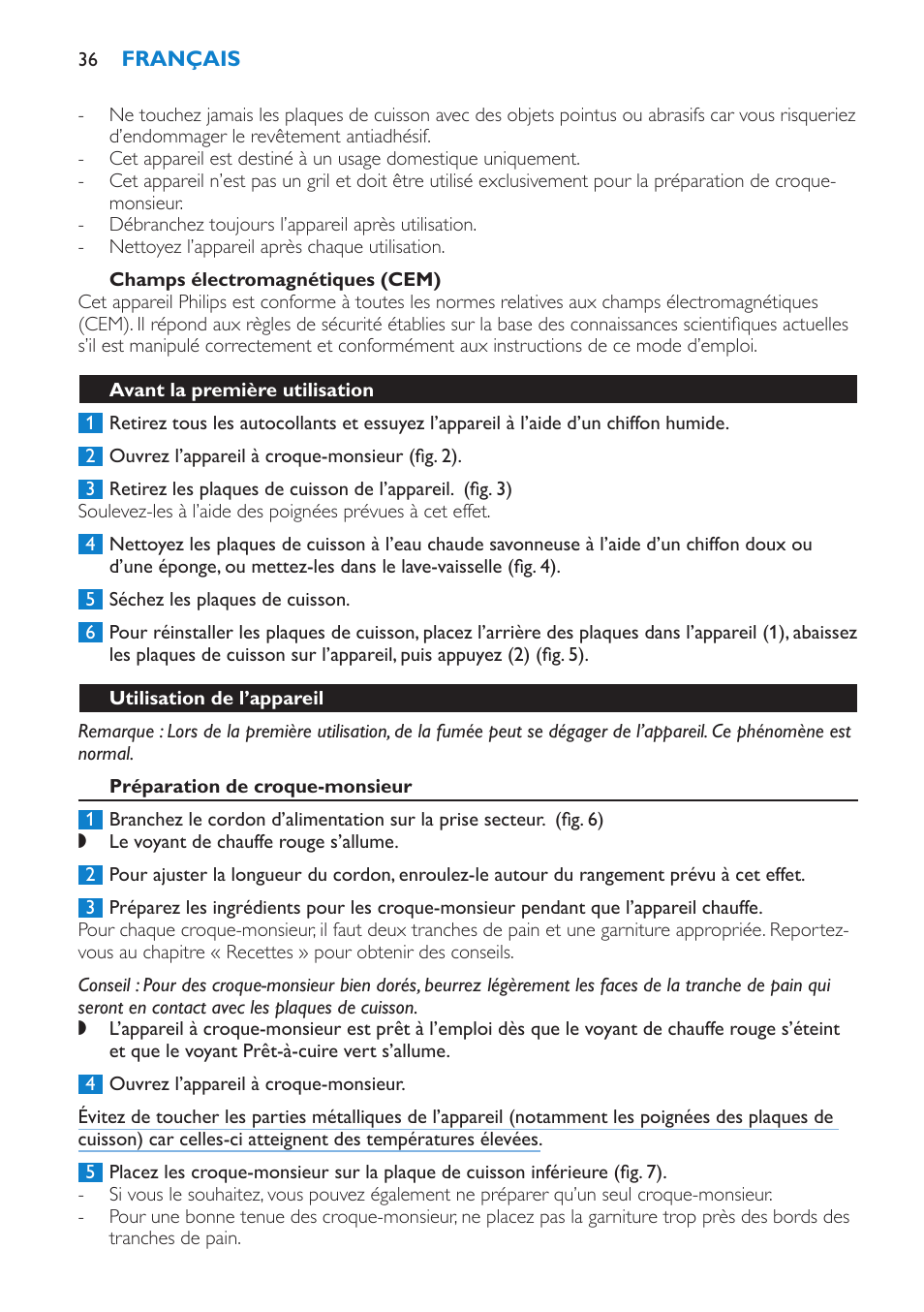 Champs électromagnétiques (cem), Avant la première utilisation, Utilisation de l’appareil | Préparation de croque-monsieur | Philips sandwich maker HD2415 User Manual | Page 36 / 72