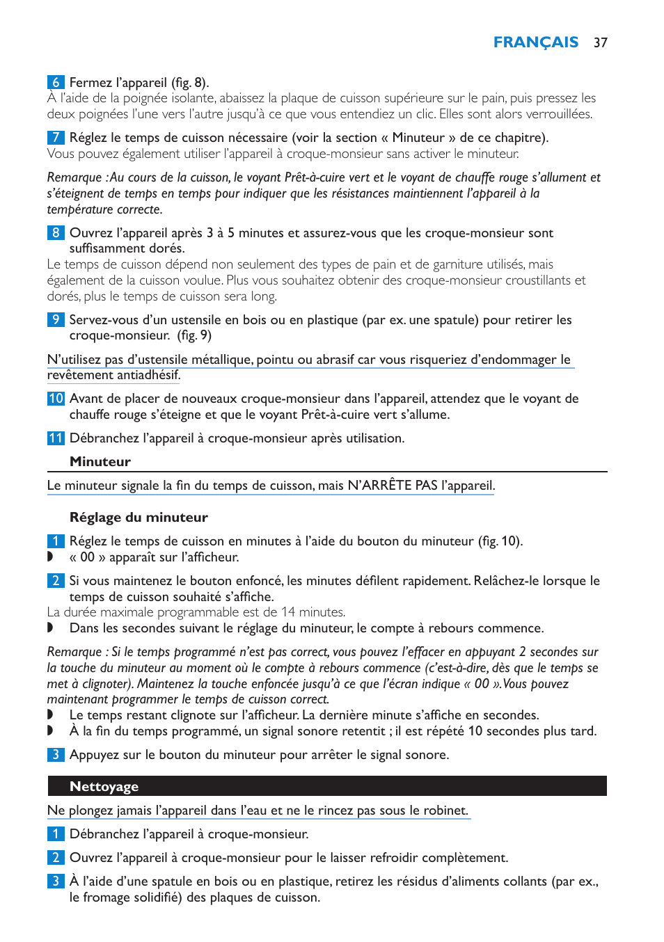 Minuteur, Réglage du minuteur, Nettoyage | Philips sandwich maker HD2415 User Manual | Page 37 / 72