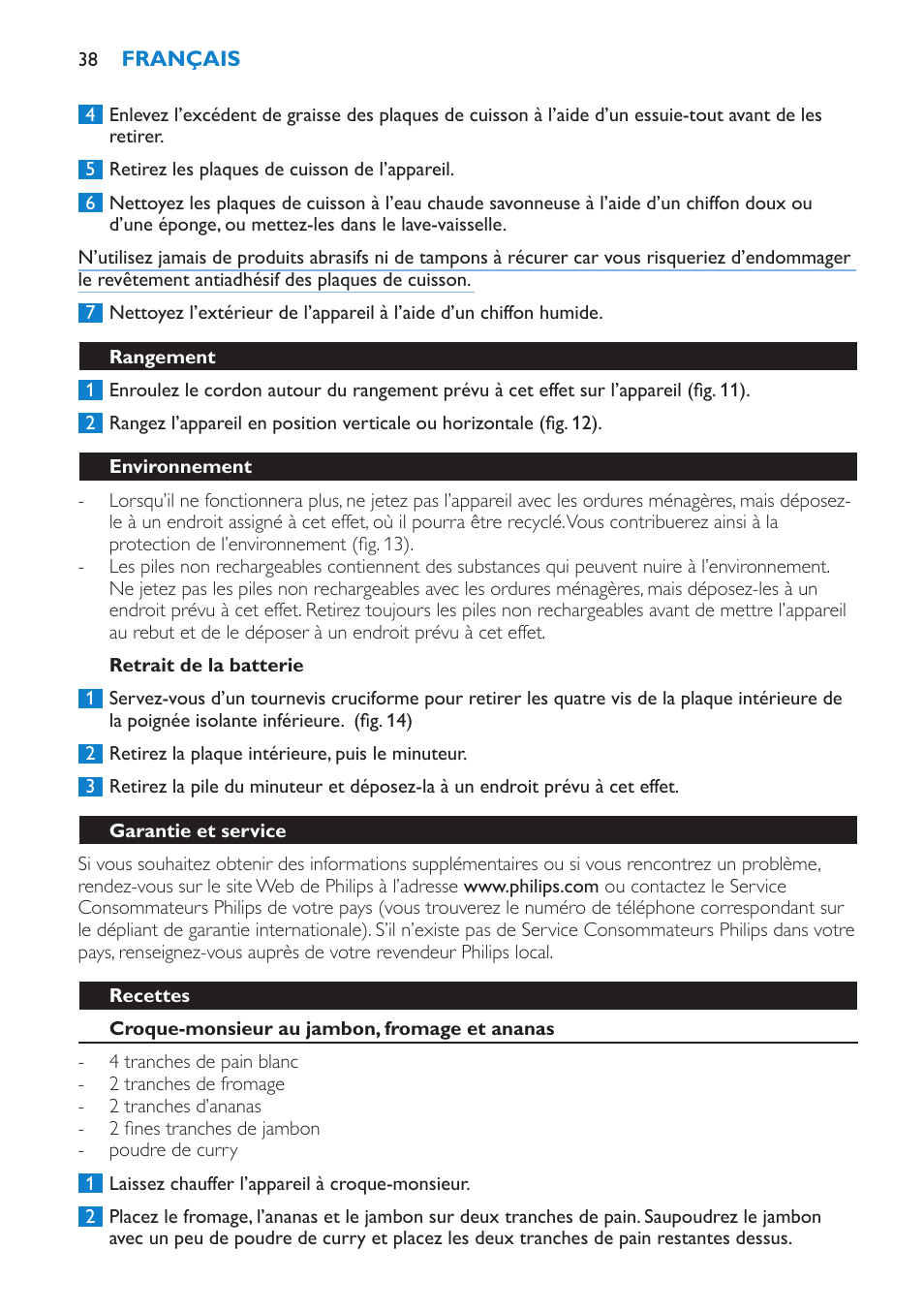 Retrait de la batterie, Rangement, Environnement | Garantie et service, Recettes, Croque-monsieur au jambon, fromage et ananas | Philips sandwich maker HD2415 User Manual | Page 38 / 72