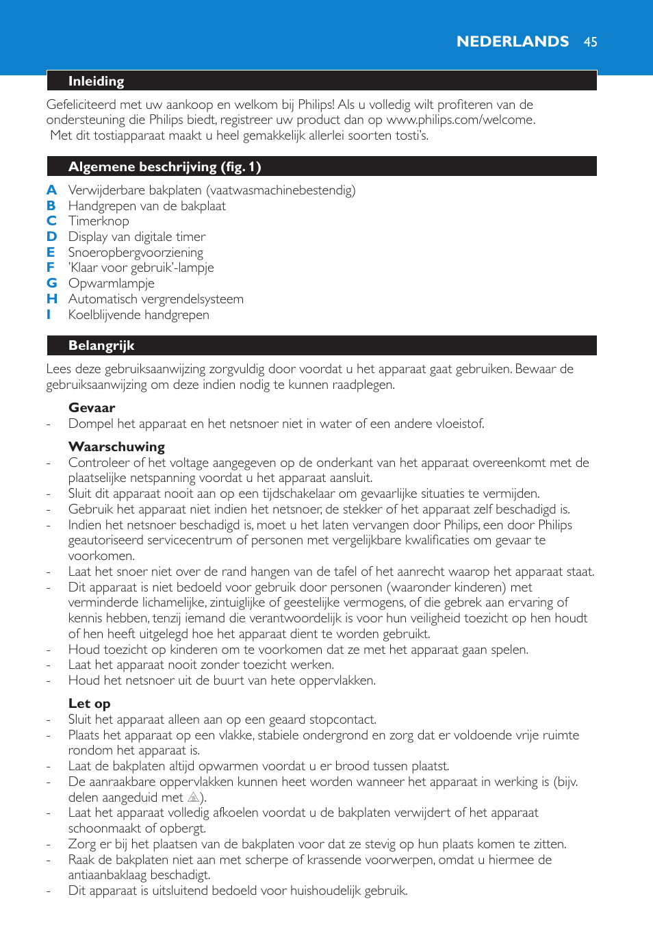 Gevaar, Waarschuwing, Let op | Nederlands, Inleiding, Algemene beschrijving (fig. 1), Belangrijk | Philips sandwich maker HD2415 User Manual | Page 45 / 72