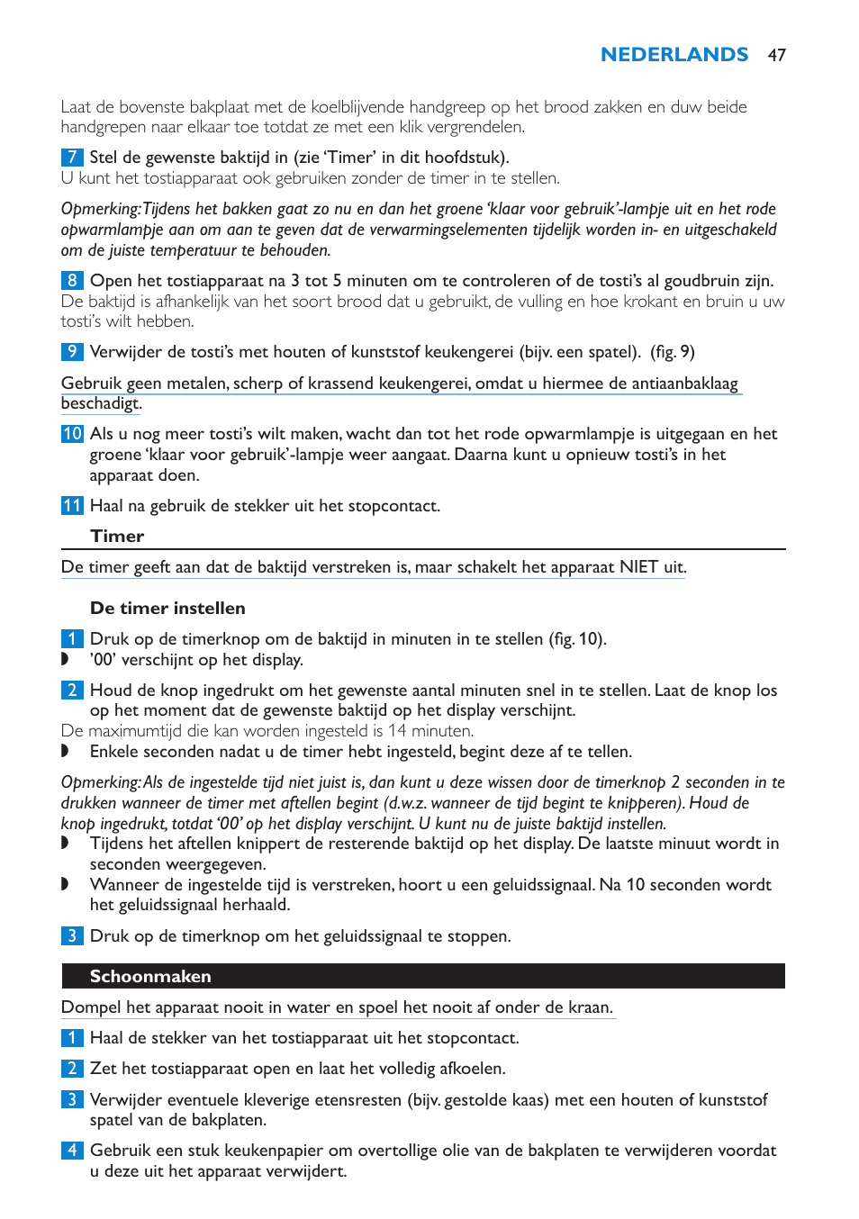 Timer, De timer instellen, Schoonmaken | Philips sandwich maker HD2415 User Manual | Page 47 / 72