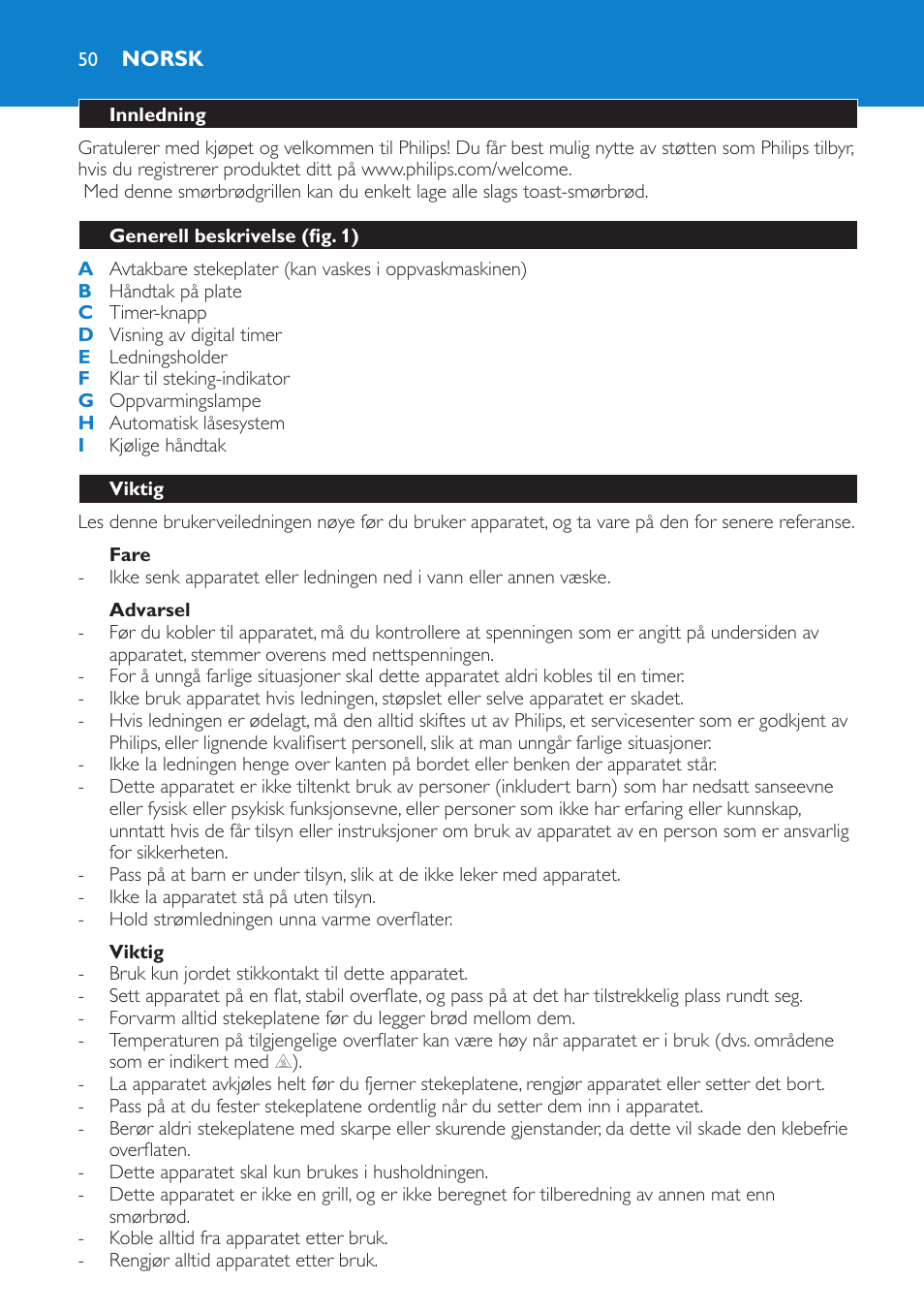 Fare, Advarsel, Viktig | Norsk, Innledning, Generell beskrivelse (fig. 1) | Philips sandwich maker HD2415 User Manual | Page 50 / 72