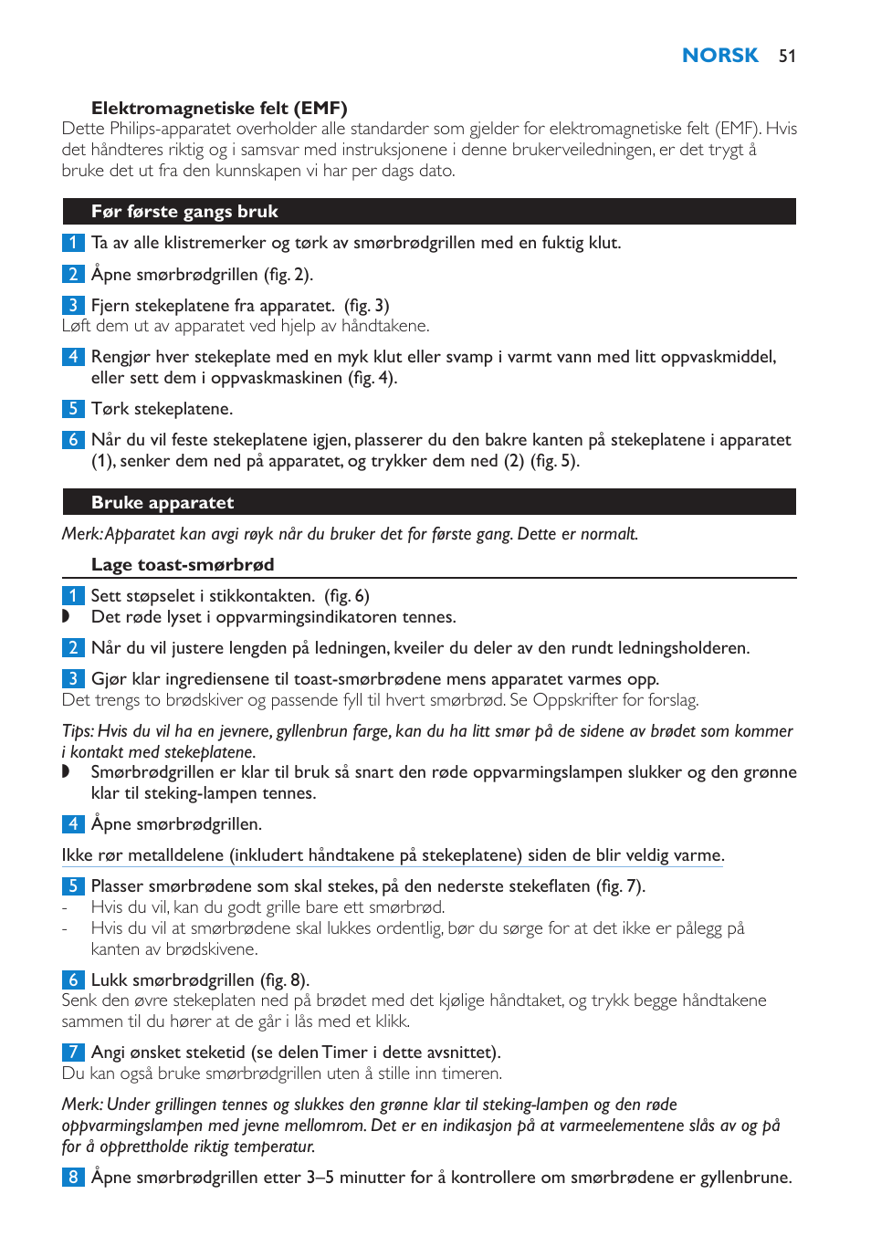 Elektromagnetiske felt (emf), Før første gangs bruk, Bruke apparatet | Lage toast-smørbrød | Philips sandwich maker HD2415 User Manual | Page 51 / 72