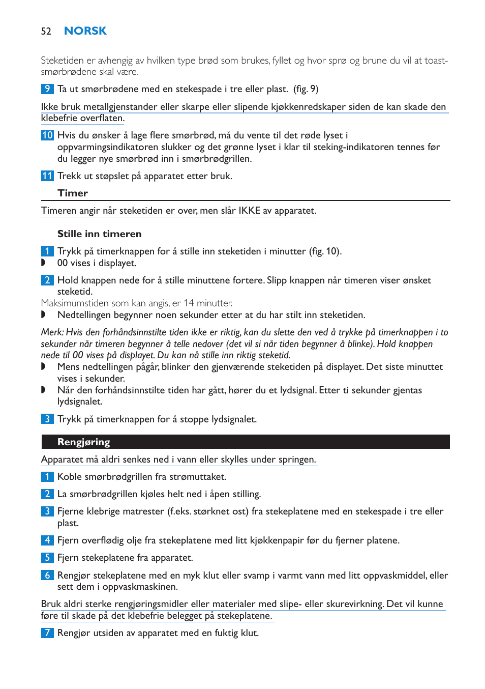 Timer, Stille inn timeren, Rengjøring | Philips sandwich maker HD2415 User Manual | Page 52 / 72