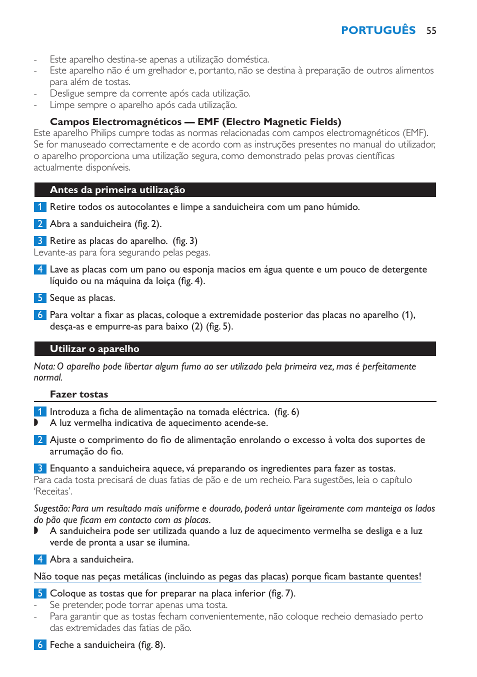 Perigo, Aviso, Atenção | Português, Introdução, Descrição geral (fig. 1), Importante | Philips sandwich maker HD2415 User Manual | Page 55 / 72