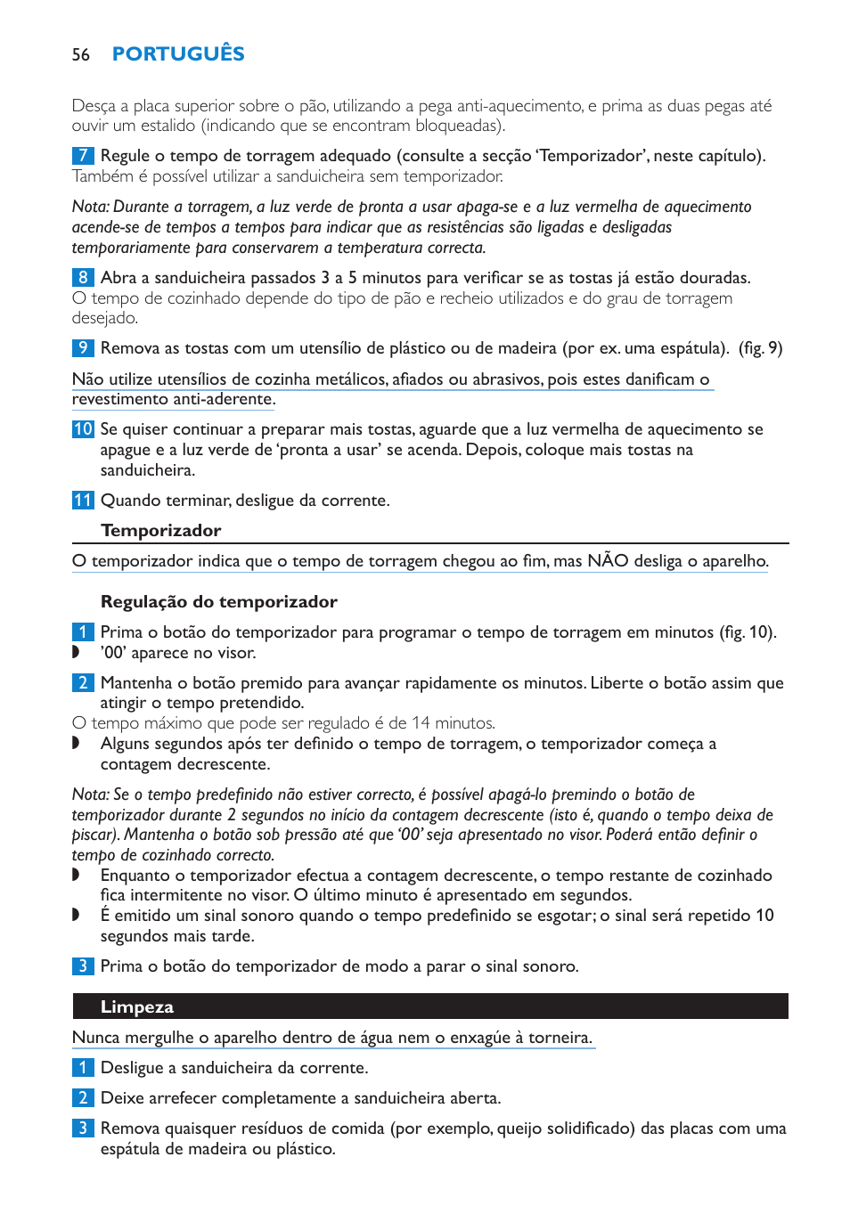 Antes da primeira utilização, Utilizar o aparelho, Fazer tostas | Philips sandwich maker HD2415 User Manual | Page 56 / 72