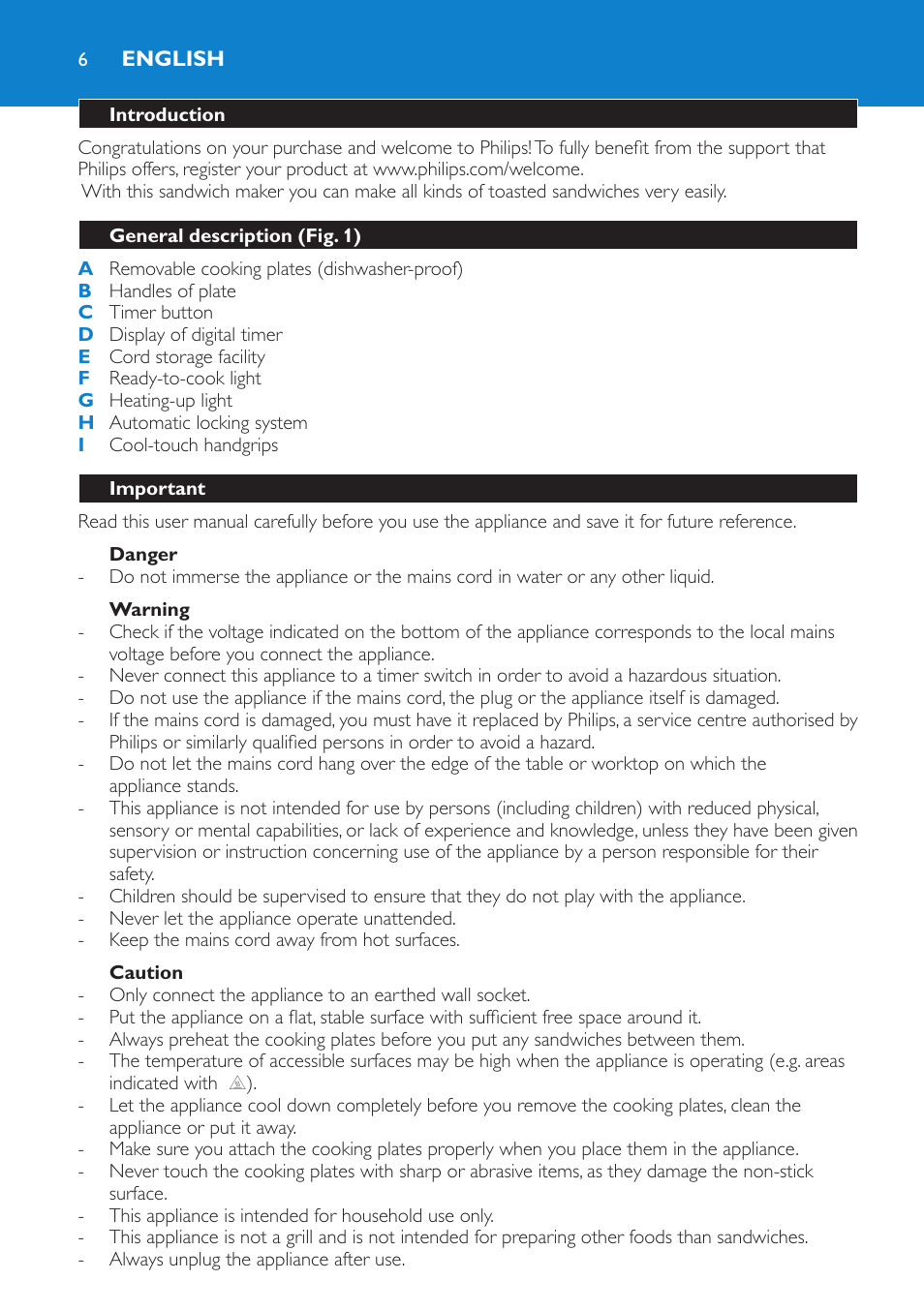 English, Introduction, General description (fig. 1) | Important, Danger, Warning, Caution | Philips sandwich maker HD2415 User Manual | Page 6 / 72