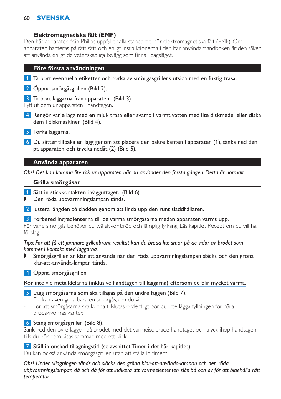 Fara, Varning, Var försiktig | Svenska, Introduktion, Allmän beskrivning (bild 1), Viktigt | Philips sandwich maker HD2415 User Manual | Page 60 / 72