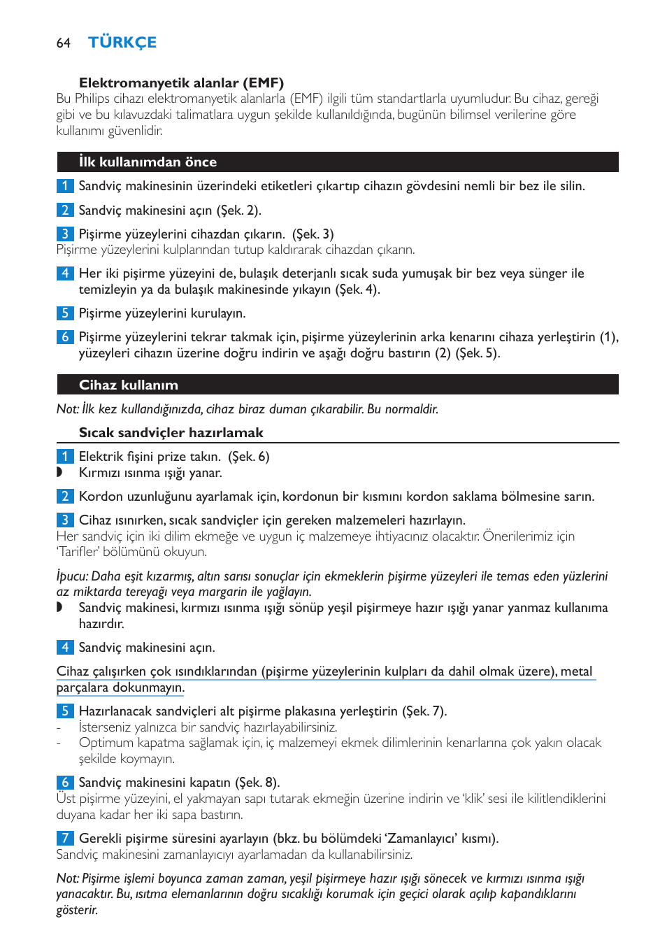 Tehlike, Uyarı, Dikkat | Türkçe, Giriş, Genel açıklamalar (şek. 1), Önemli | Philips sandwich maker HD2415 User Manual | Page 64 / 72