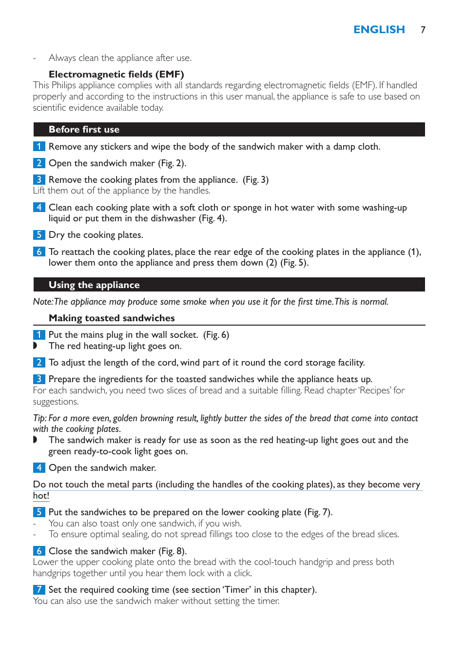 Electromagnetic fields (emf), Before first use, Using the appliance | Making toasted sandwiches | Philips sandwich maker HD2415 User Manual | Page 7 / 72