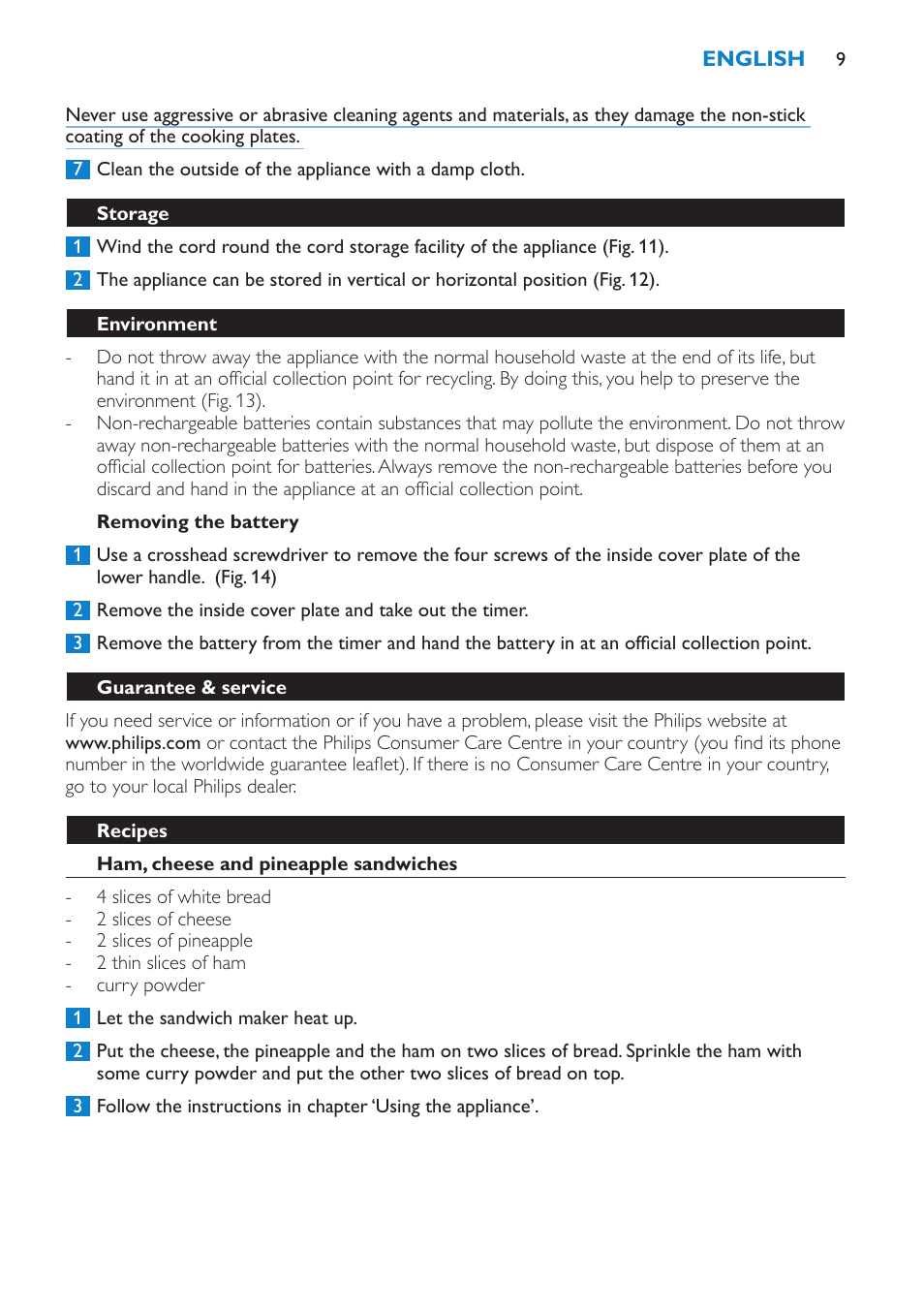 Removing the battery, Storage, Environment | Guarantee & service, Recipes, Ham, cheese and pineapple sandwiches, Tomato, cheese & anchovy sandwich | Philips sandwich maker HD2415 User Manual | Page 9 / 72