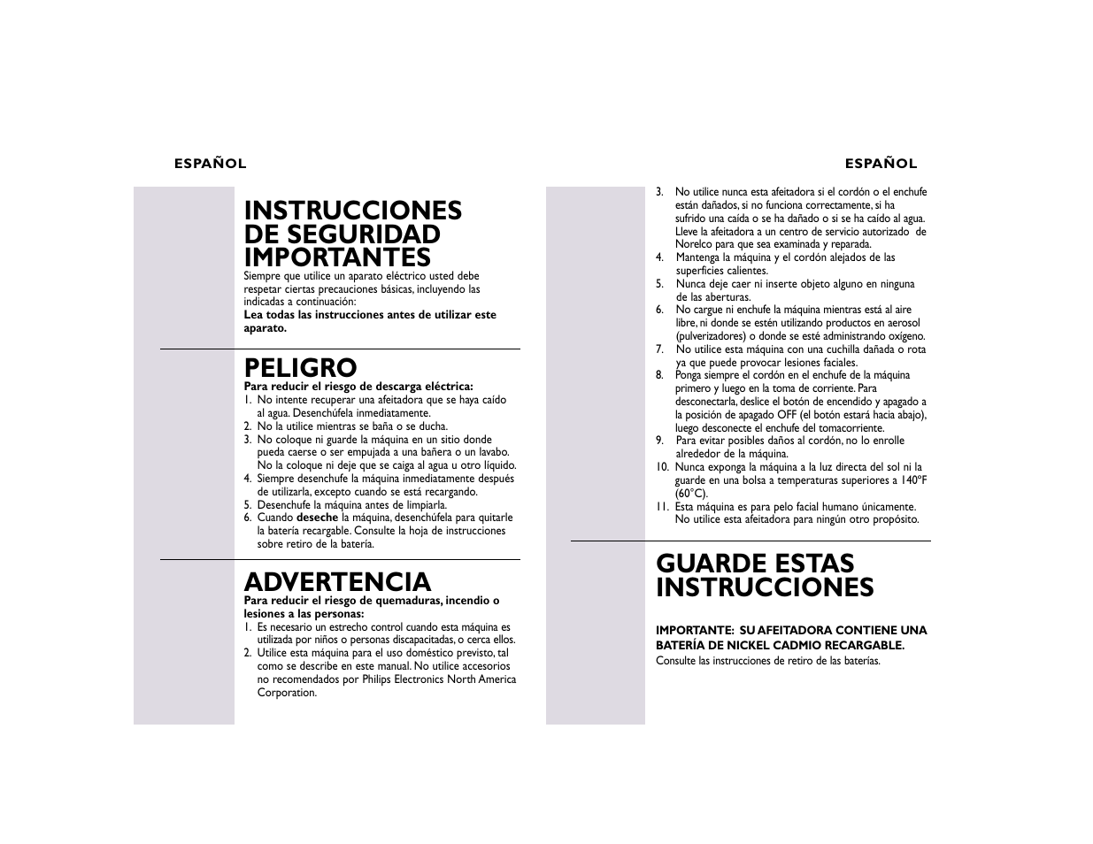 Guarde estas instrucciones, Instrucciones de seguridad importantes, Peligro | Advertencia | Philips T800 User Manual | Page 10 / 18