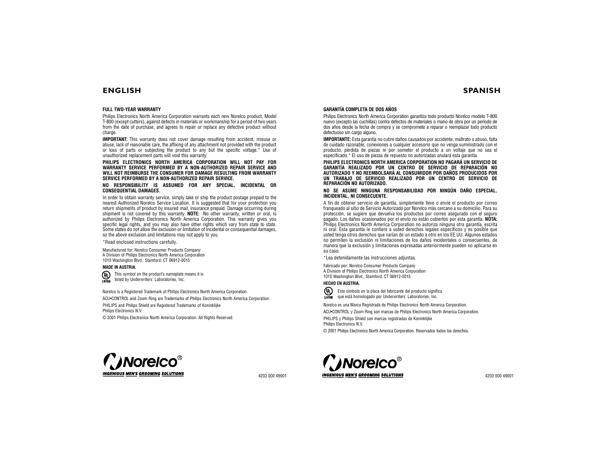Spanish, English | Philips T800 User Manual | Page 18 / 18