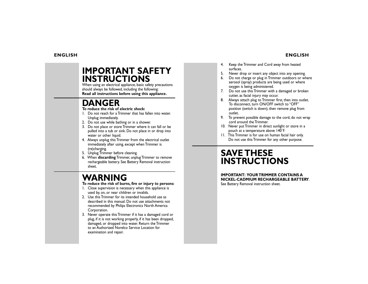 Save these instructions, Important safety instructions, Danger | Warning | Philips T800 User Manual | Page 2 / 18