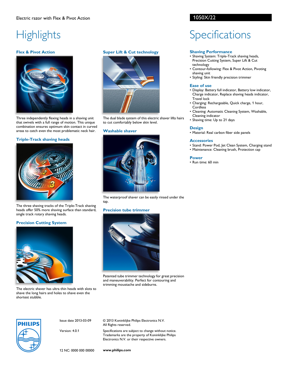 Highlights, Specifications | Philips 1050CC User Manual | Page 2 / 2