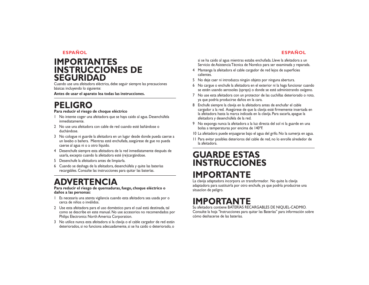 Guarde estas instrucciones importante, Importante, Importantes instrucciones de seguridad | Peligro, Advertencia | Philips 7845 XL User Manual | Page 10 / 19