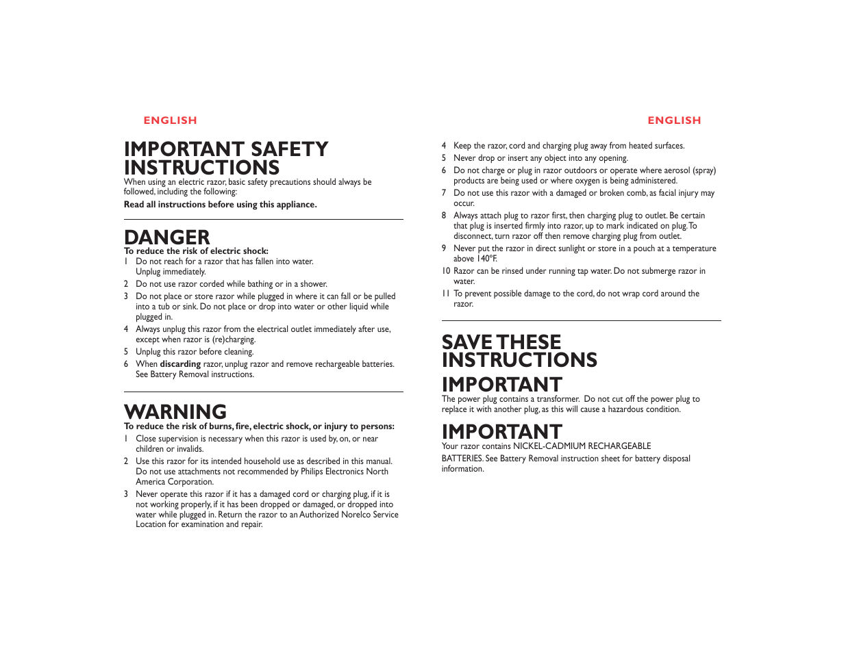 Save these instructions important, Important, Important safety instructions | Danger, Warning | Philips 7845 XL User Manual | Page 2 / 19